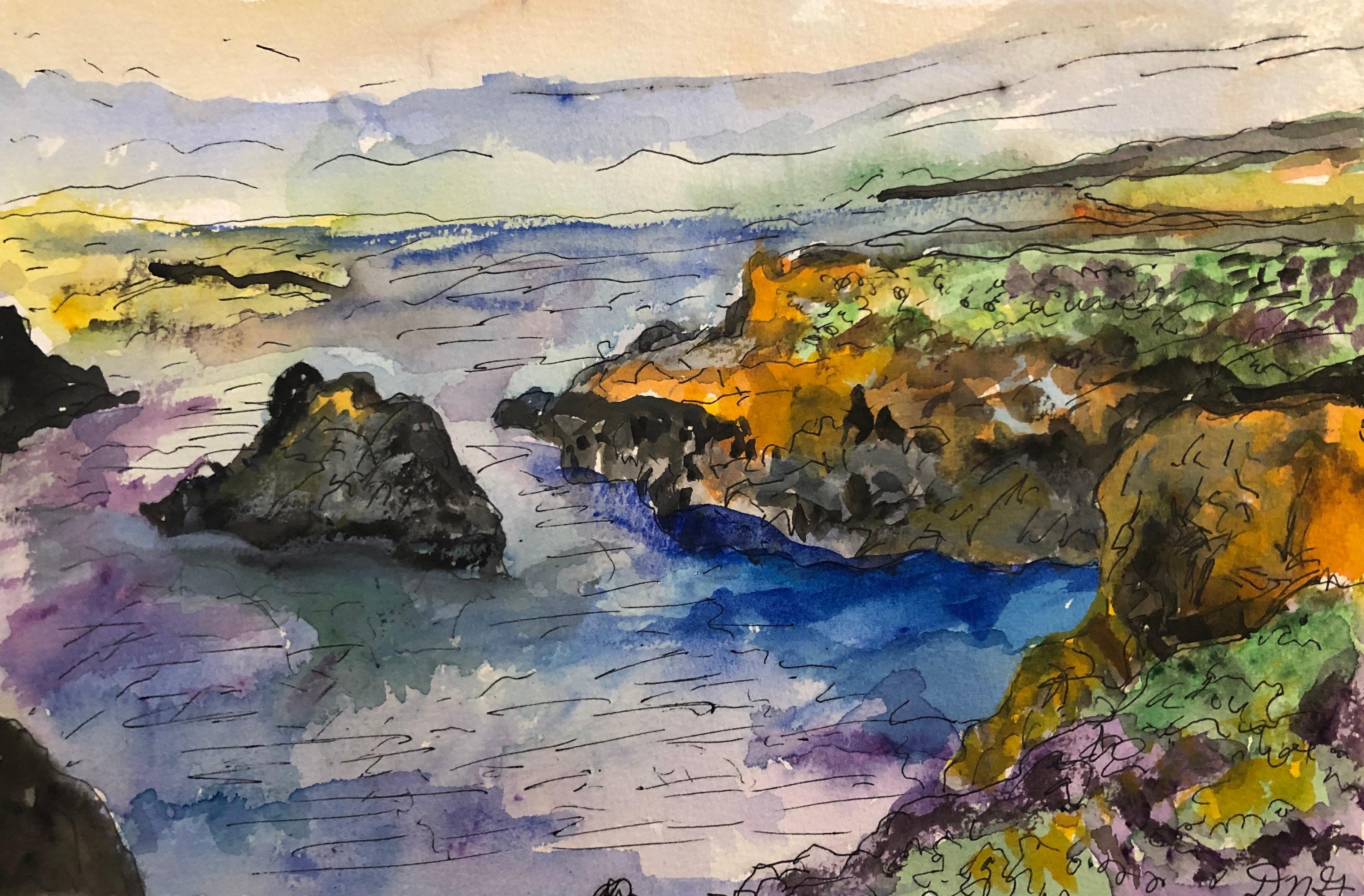 Watercolor landscape of a rocky coastline with orange and purple hues by David Noah Giles