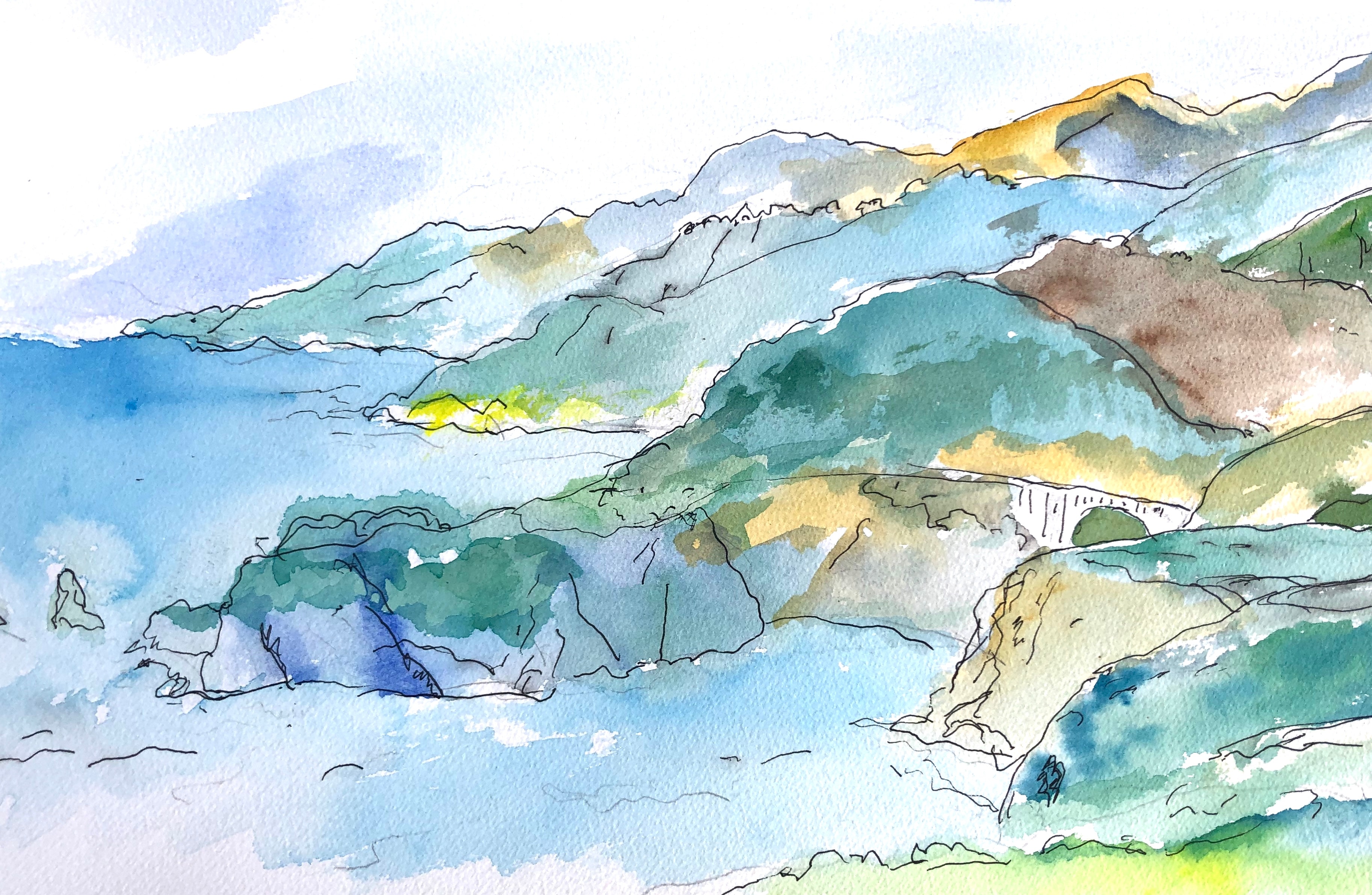 Watercolor of coastal mountains and an arched bridge by David Noah Giles