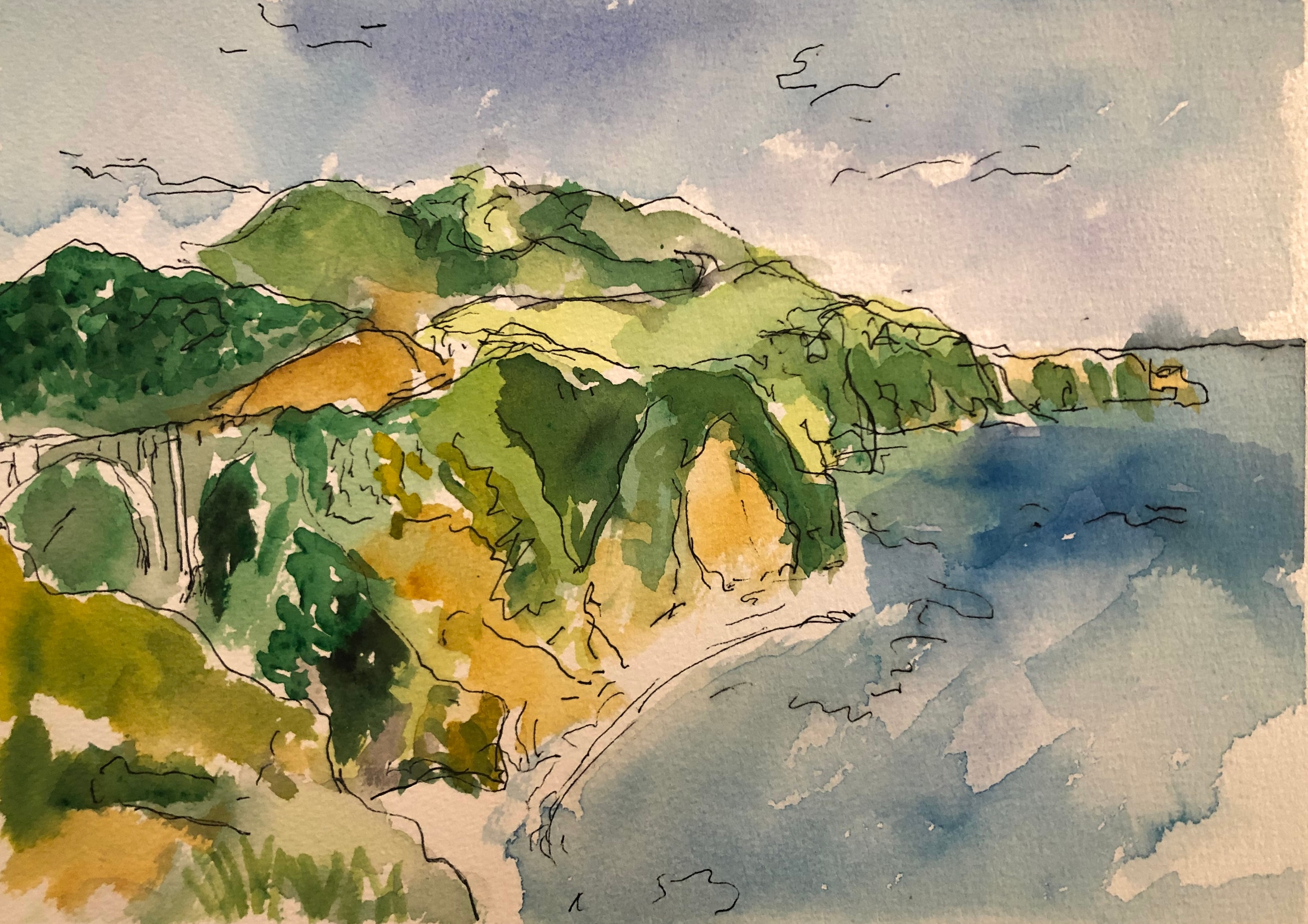 Watercolor of green coastal hills meeting the blue sea by David Noah Giles
