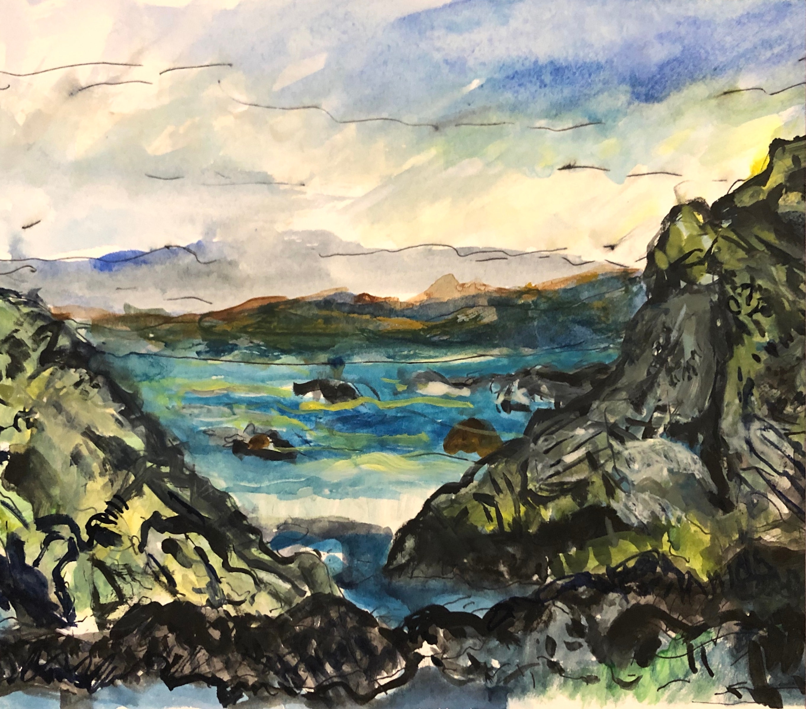 Watercolor of a rocky coastal cove with blue-green water by David Noah Giles