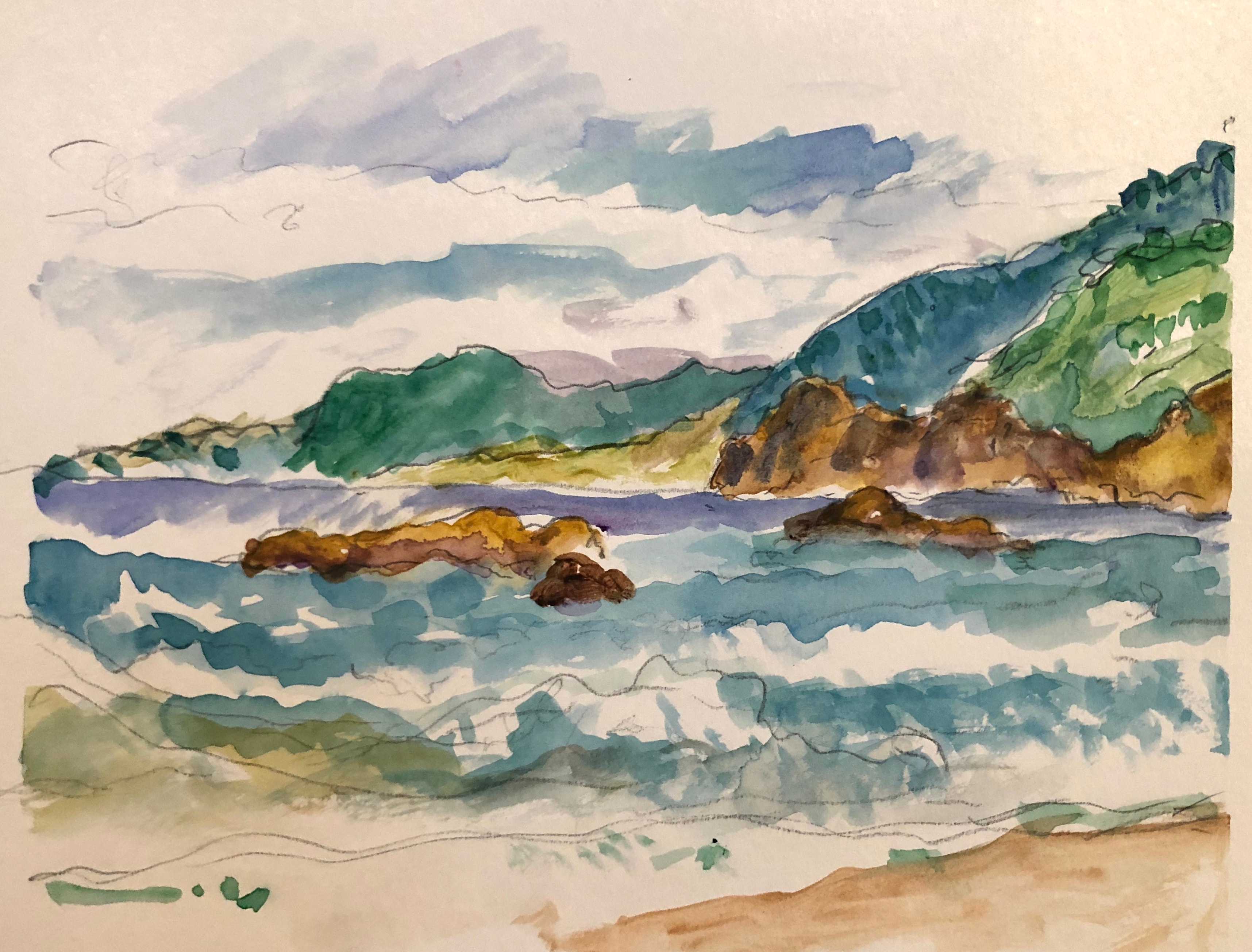 Watercolor of a turquoise cove with rocks and distant hills by David Noah Giles