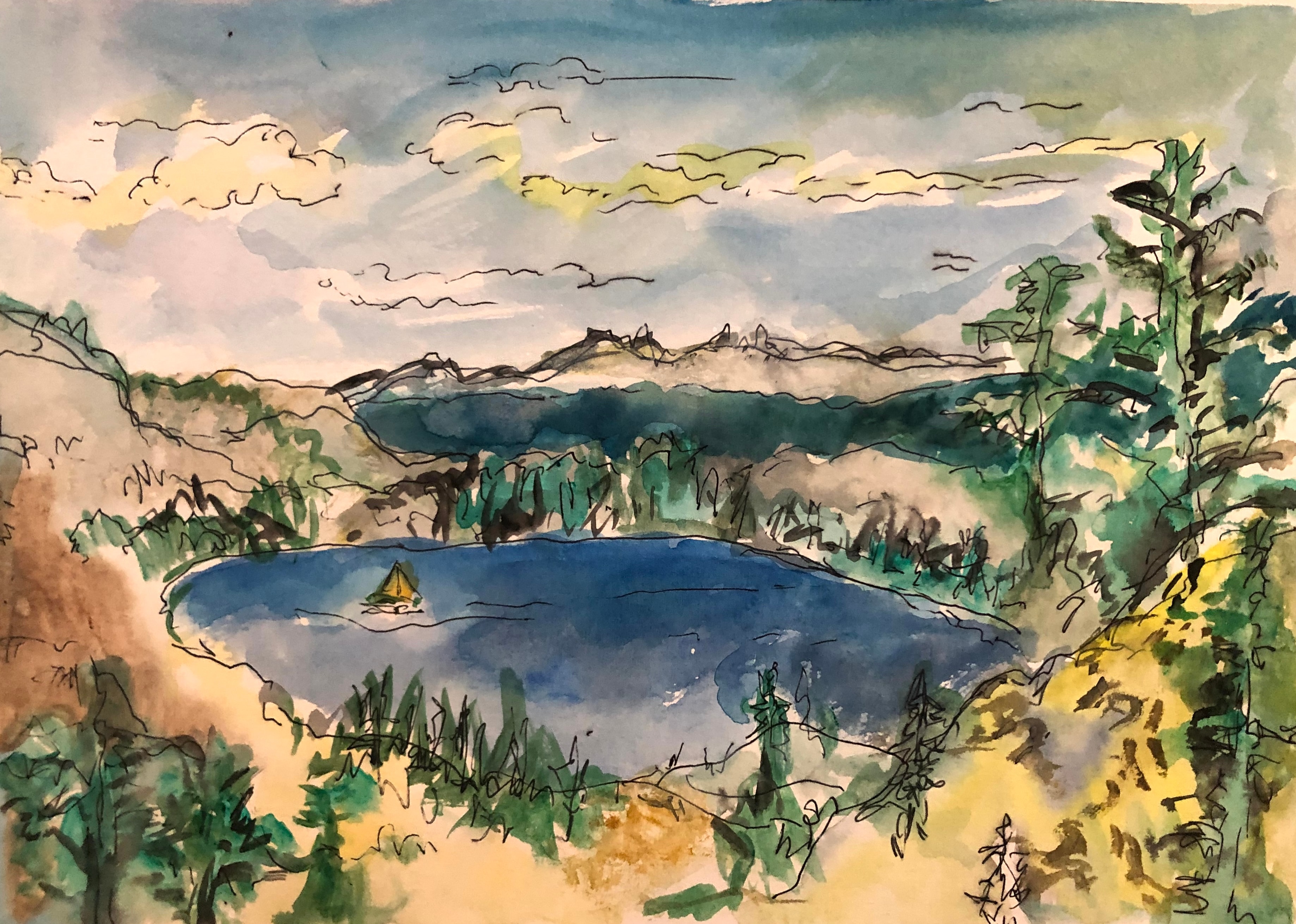 Watercolor of a mountain lake with a sailboat and evergreen trees by David Noah Giles