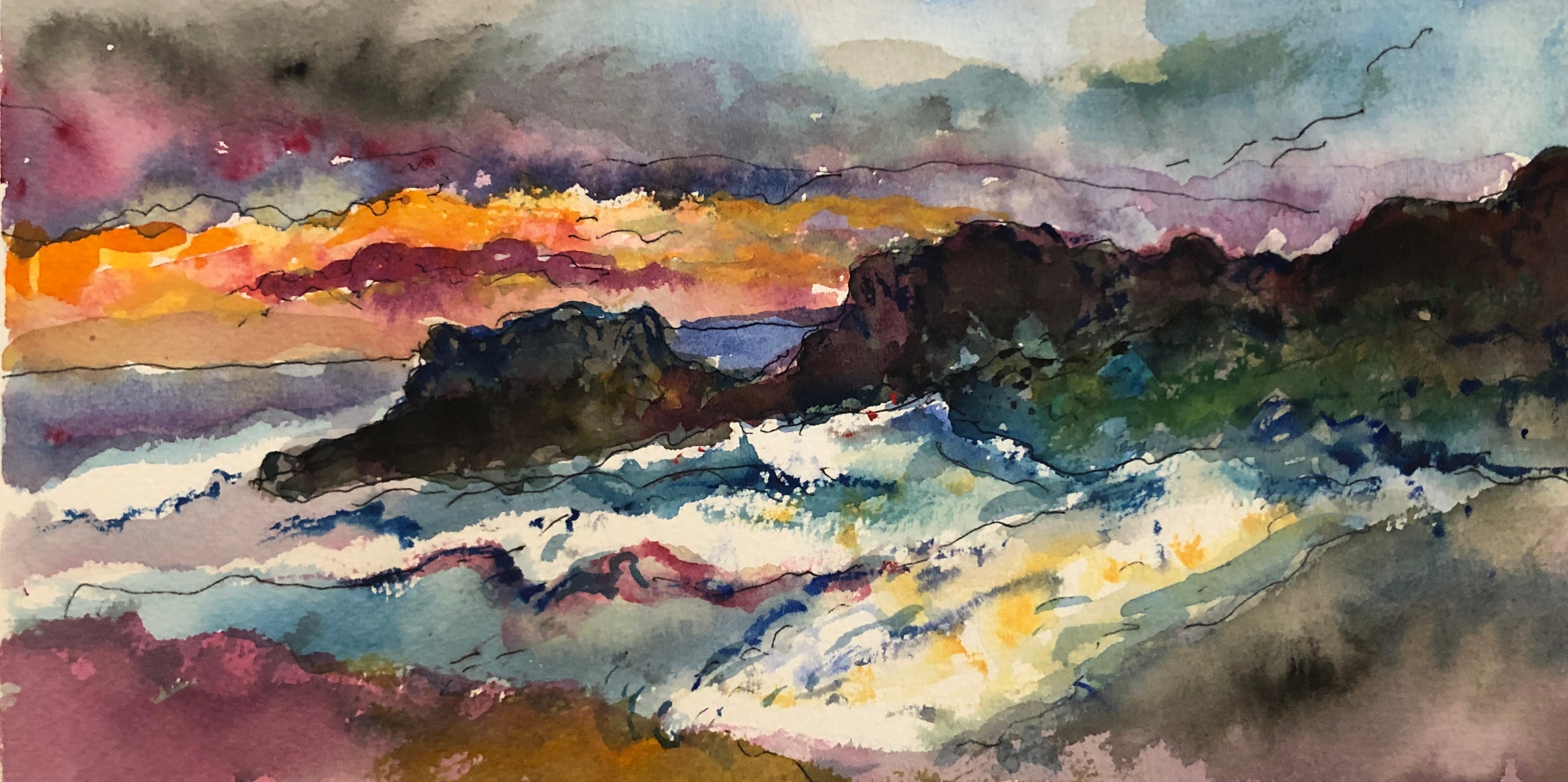 Watercolor seascape with dark rocks and a glowing sunset by David Noah Giles