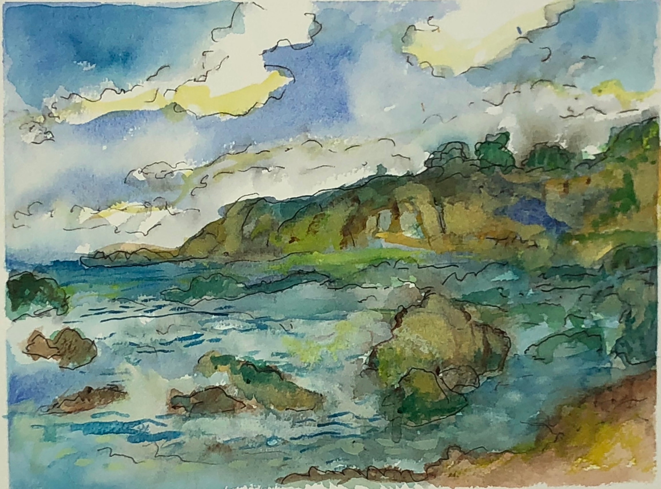 Watercolor of a coastal landscape with rocks, sea, and cloudy sky by David Noah Giles