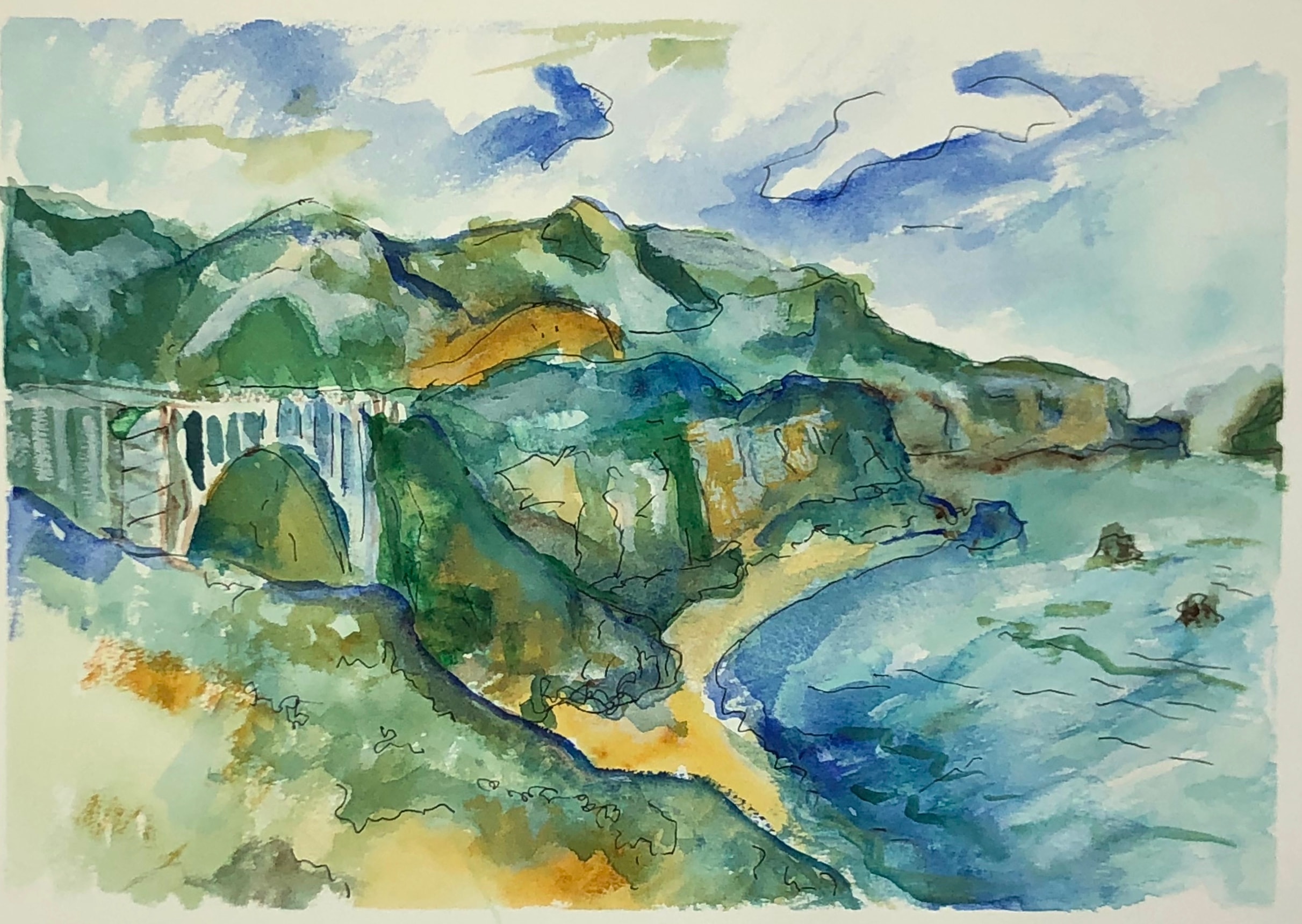 Watercolor of the Big Sur coastal bridge and cliffs by David Noah Giles