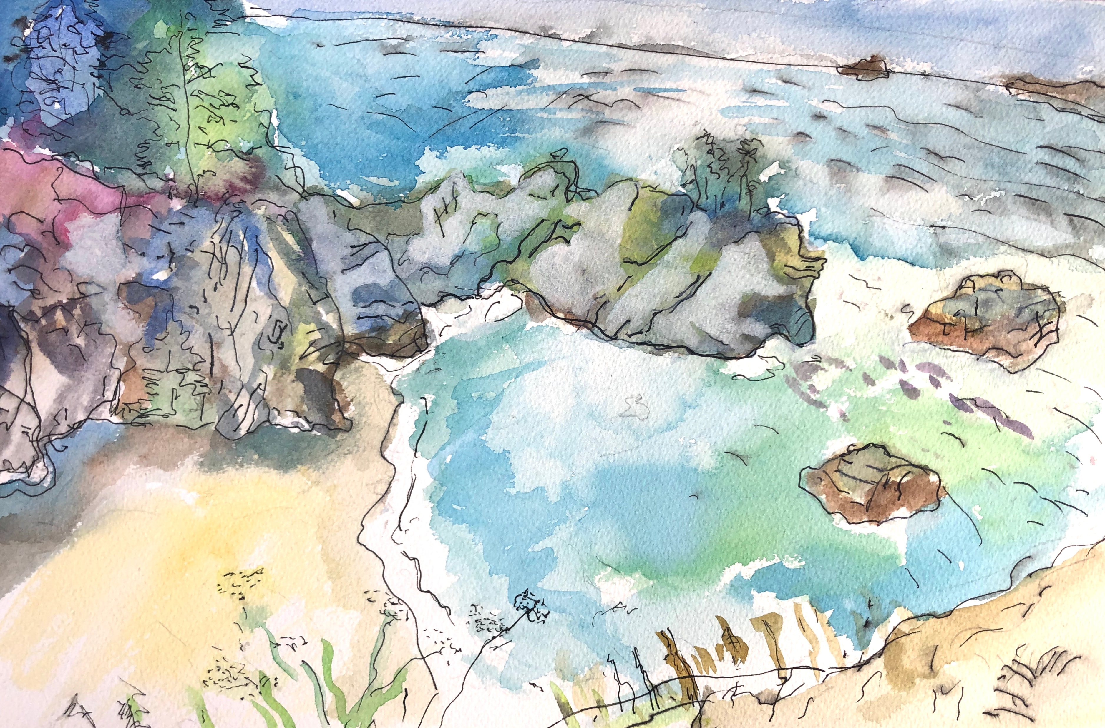Watercolor of a sandy cove with turquoise water and scattered rocks by David Noah Giles