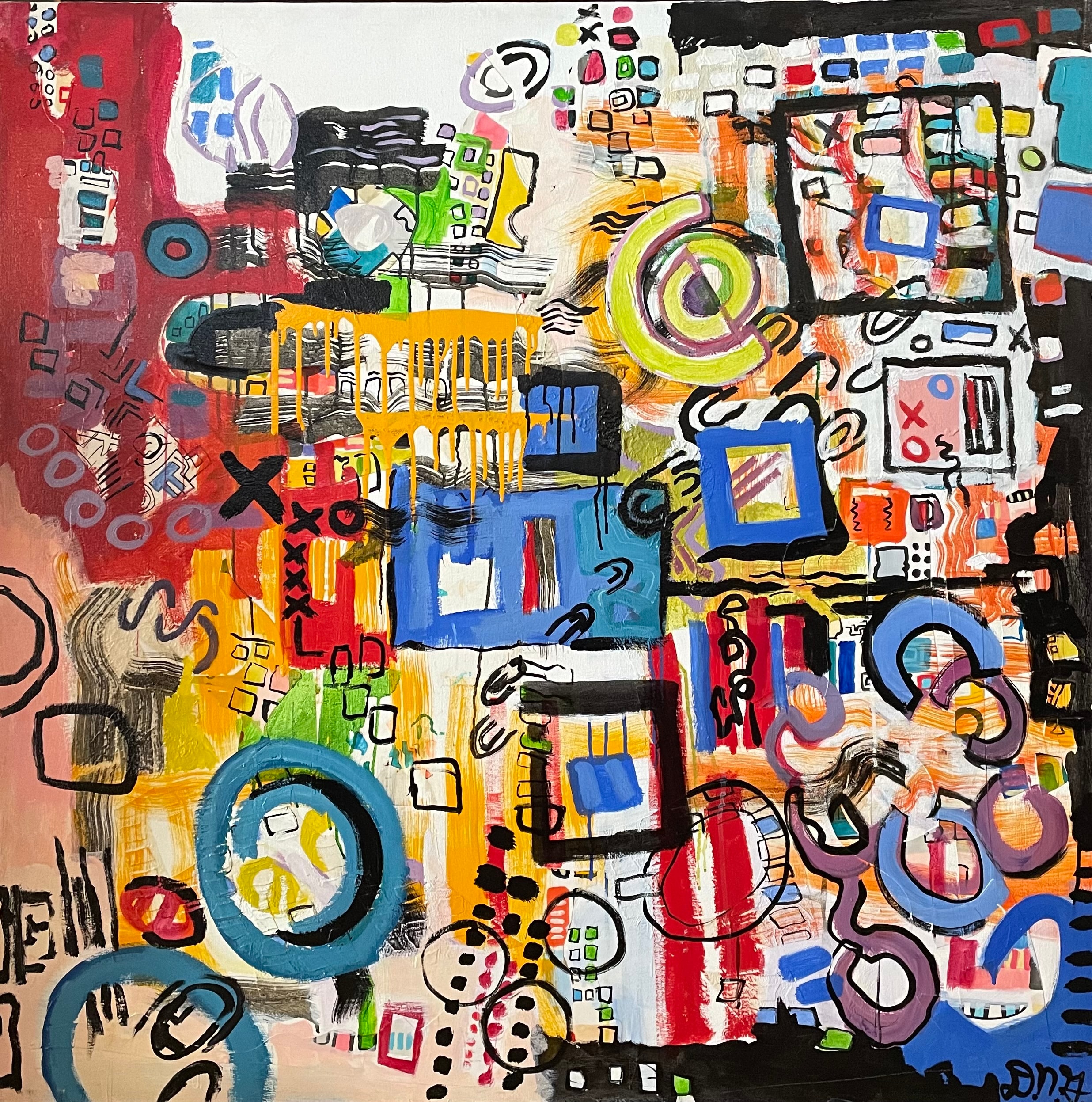 Return by David Noah Giles — acrylic and collage on canvas, 48 x 60 inches