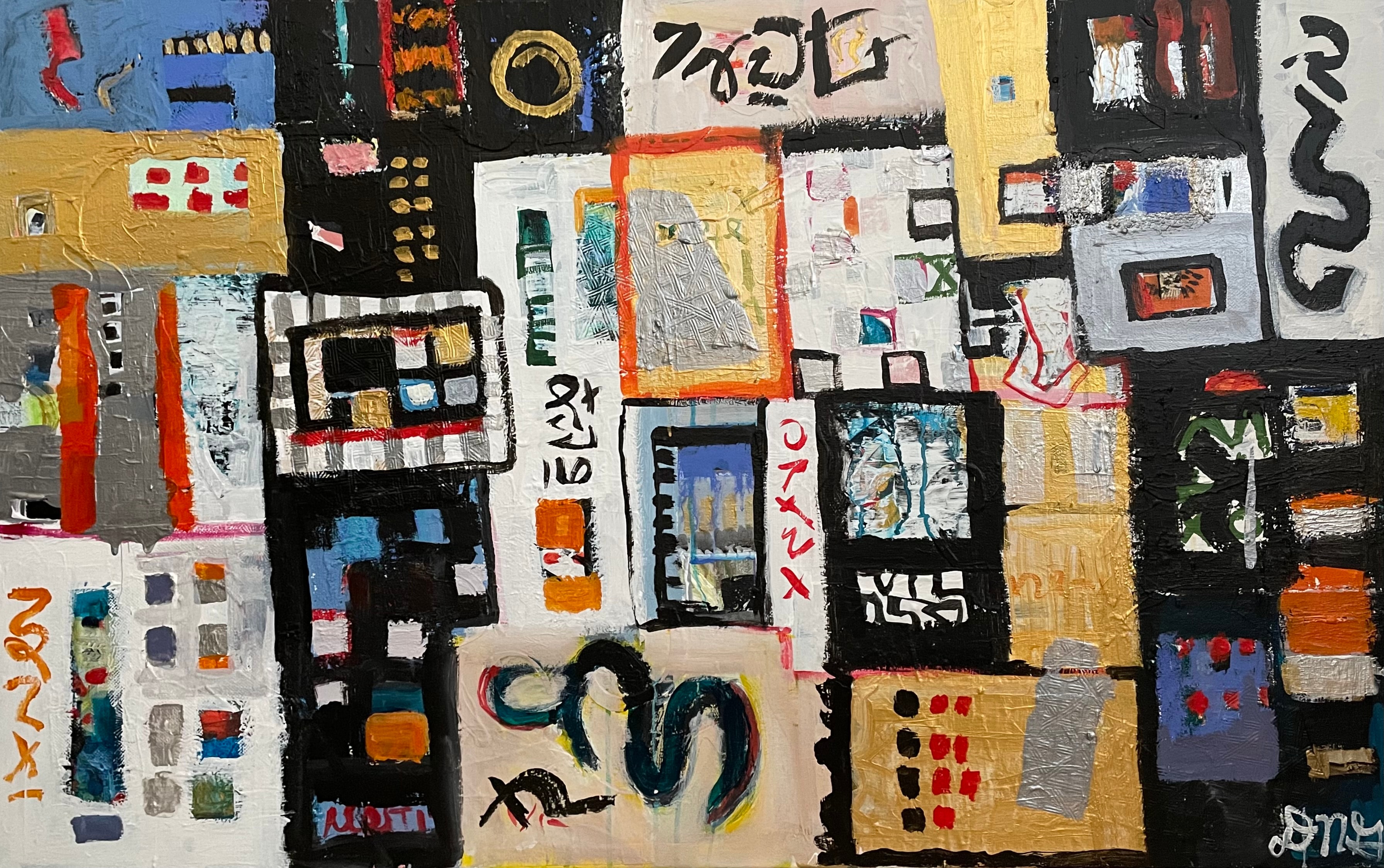 The Ginza by David Noah Giles — acrylic and collage on canvas, 36 x 42 inches