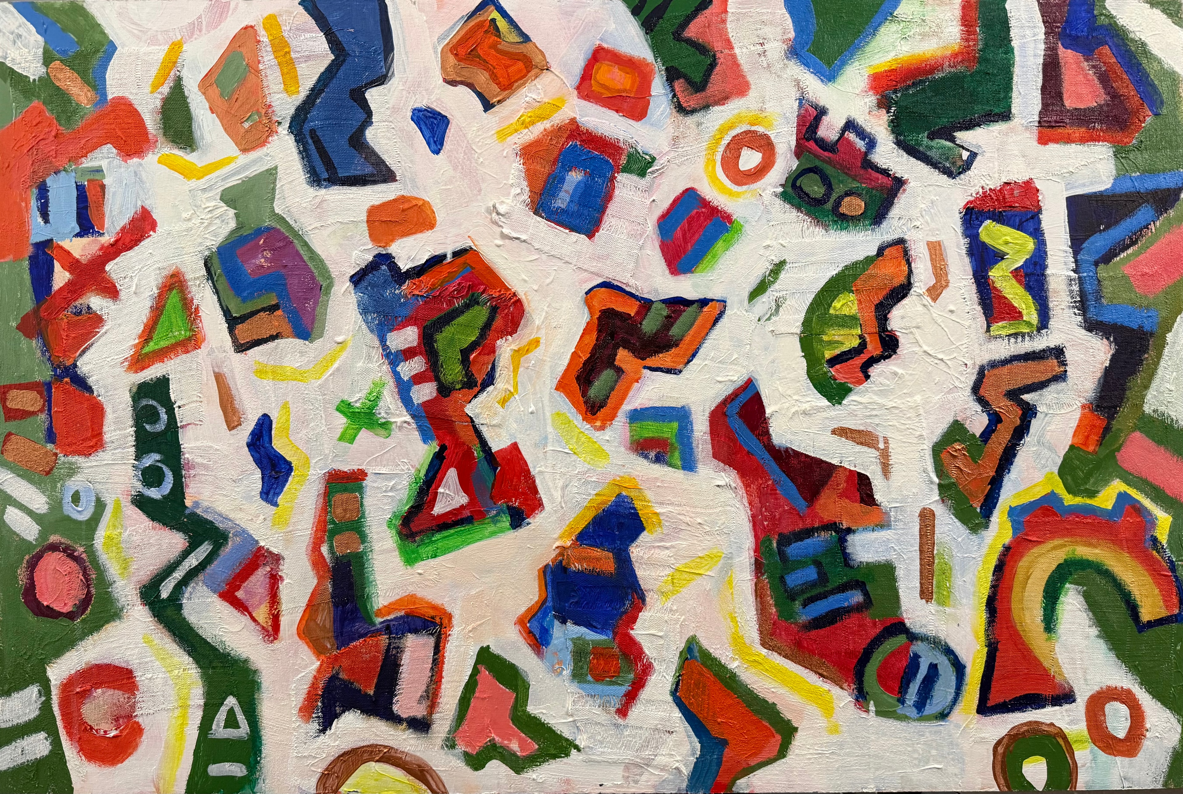 Tumbling Forms by David Noah Giles — acrylic and collage on canvas, 24 x 36 inches