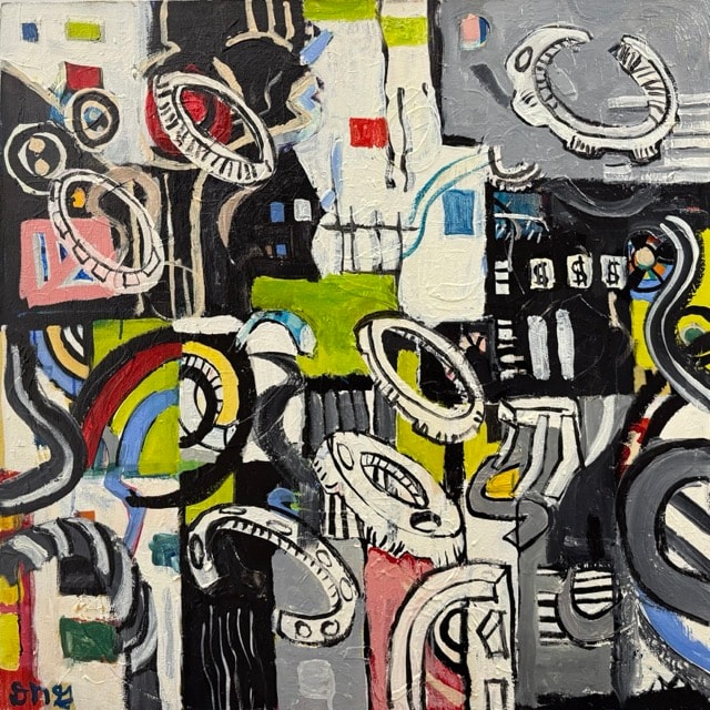 Discus by David Noah Giles — acrylic and collage on canvas, 36 x 36 inches