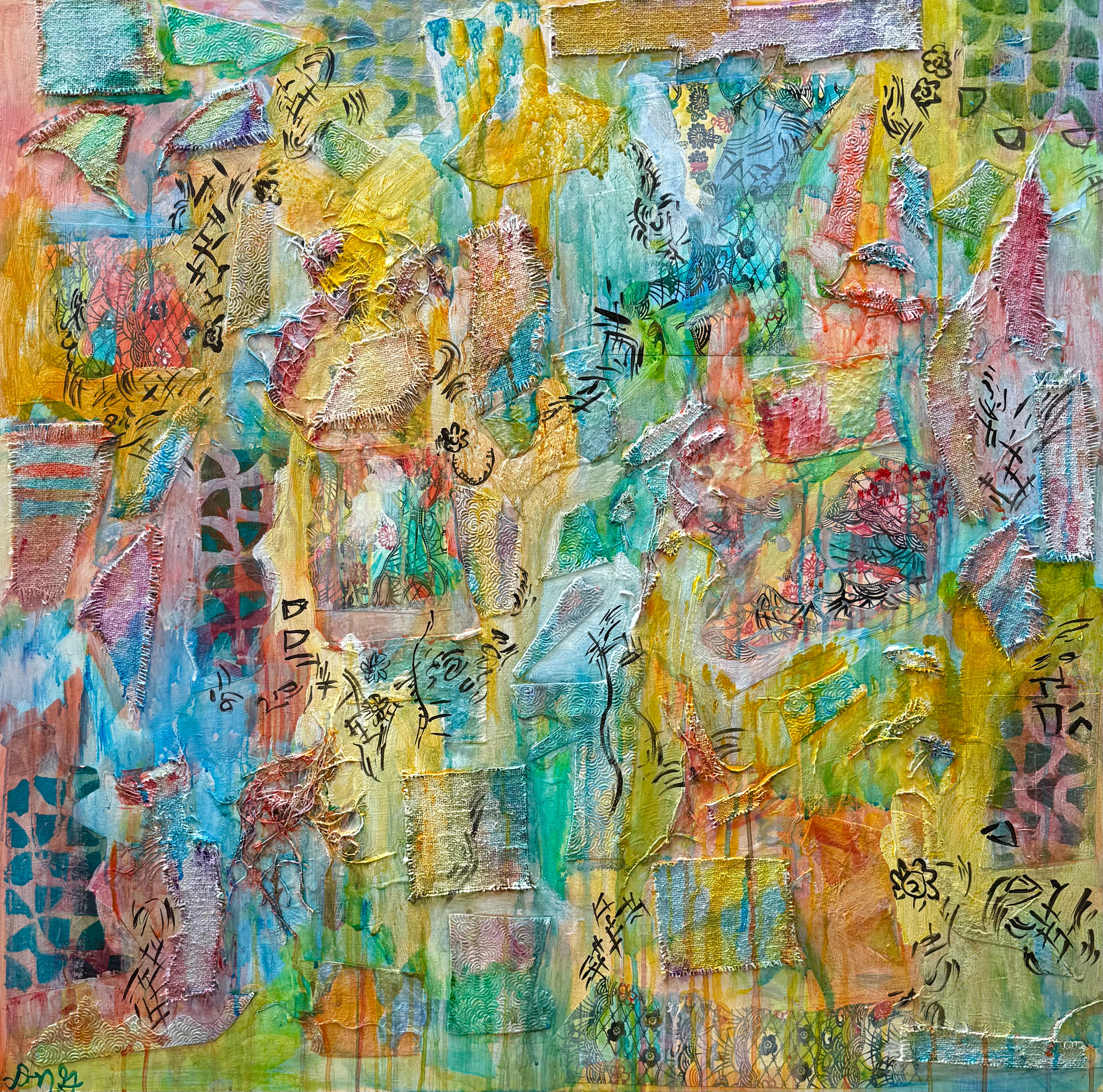 Pastel Fossil by David Noah Giles — acrylic and collage on canvas, 36 x 36 inches